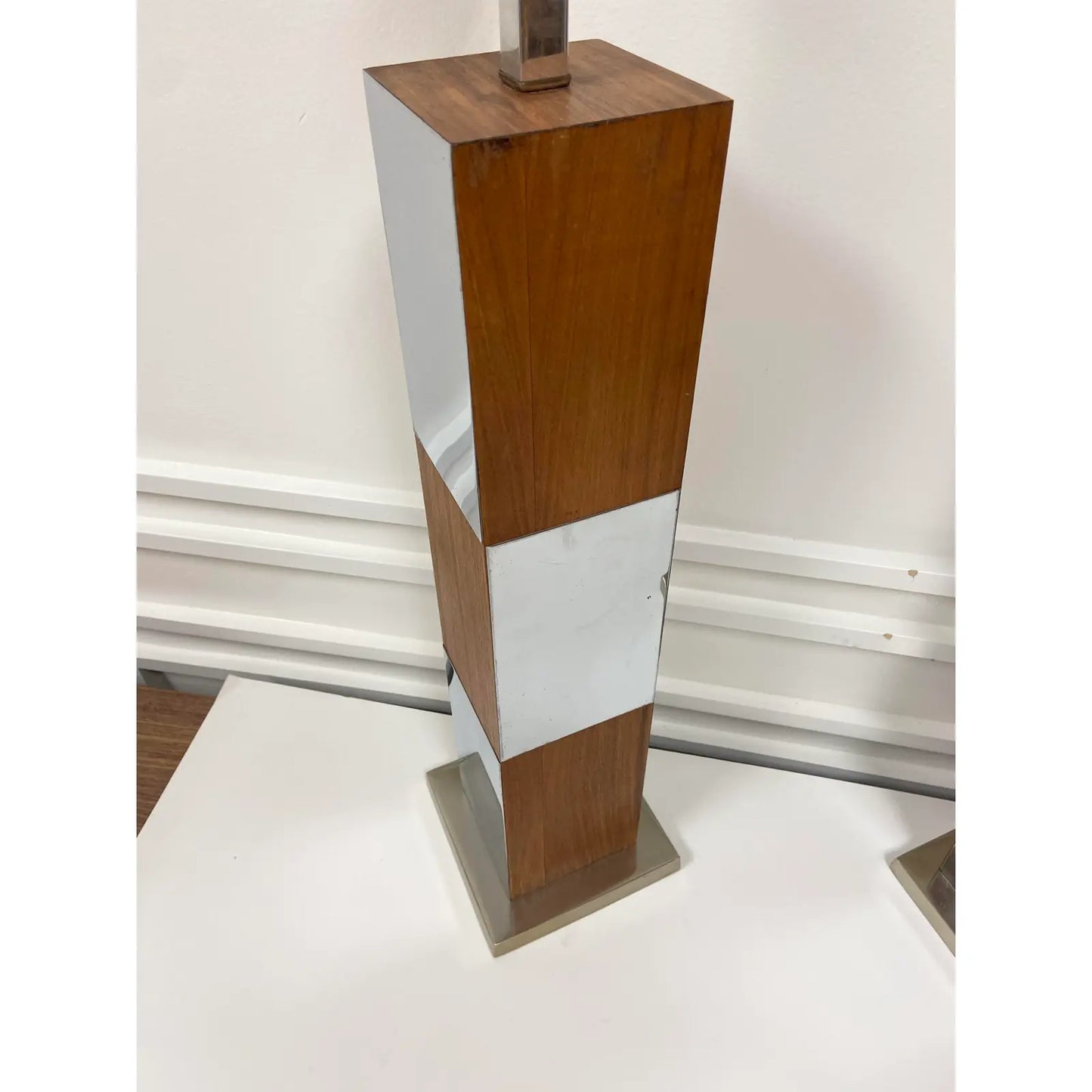 PAUL EVANS WALNUT & MIRRORED CHROME LAMPS - PAIR