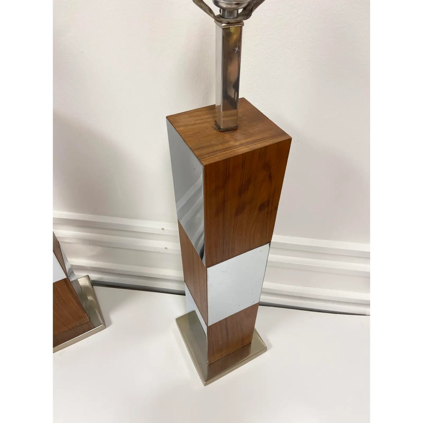 PAUL EVANS WALNUT & MIRRORED CHROME LAMPS - PAIR