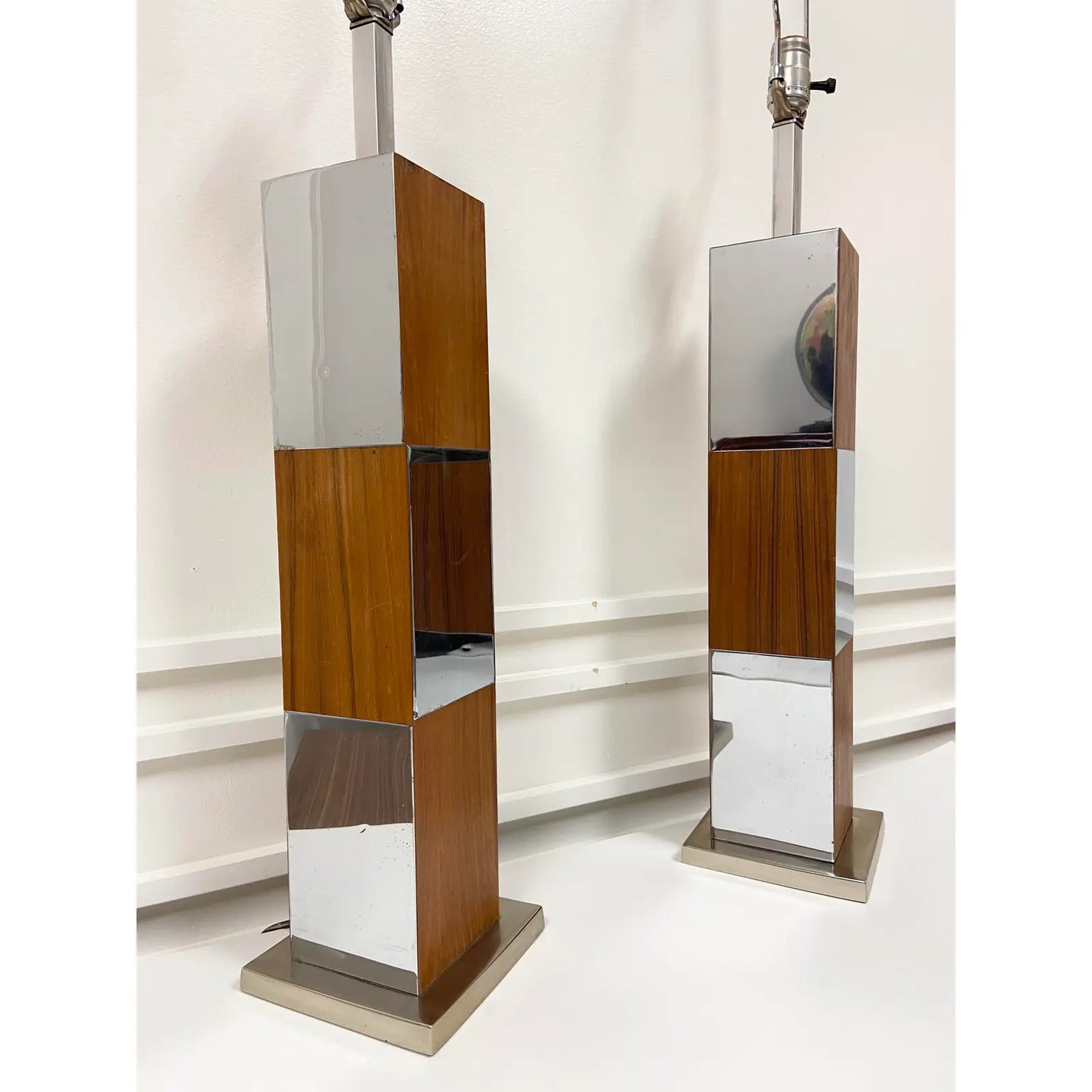 PAUL EVANS WALNUT & MIRRORED CHROME LAMPS - PAIR