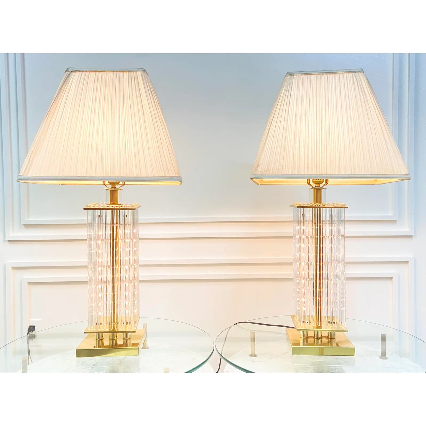 PAIR OF GLASS ROD & BRASS TABLE LAMPS BY LIGHT LINE