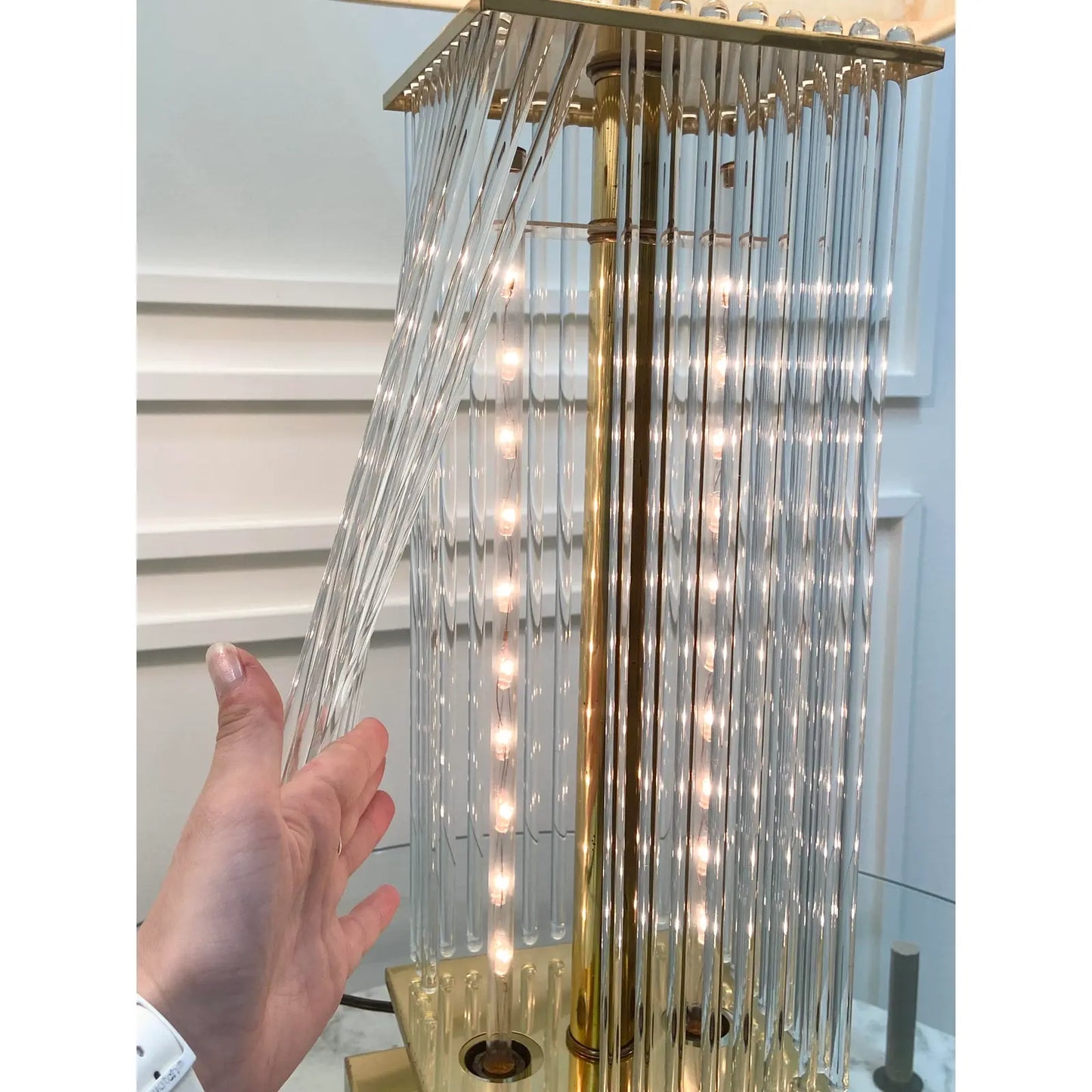 PAIR OF GLASS ROD & BRASS TABLE LAMPS BY LIGHT LINE