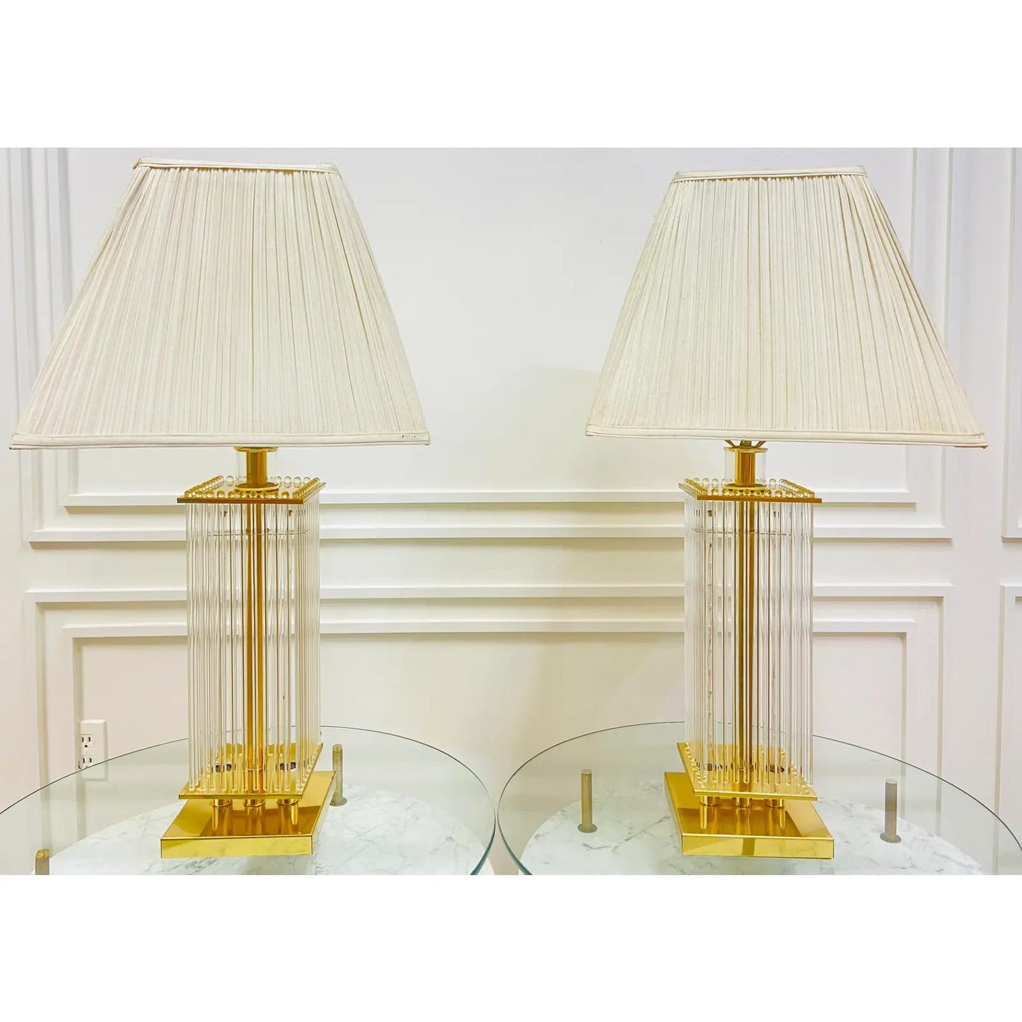 PAIR OF GLASS ROD & BRASS TABLE LAMPS BY LIGHT LINE