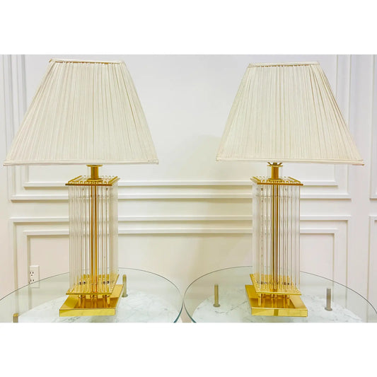 PAIR OF GLASS ROD & BRASS TABLE LAMPS BY LIGHT LINE