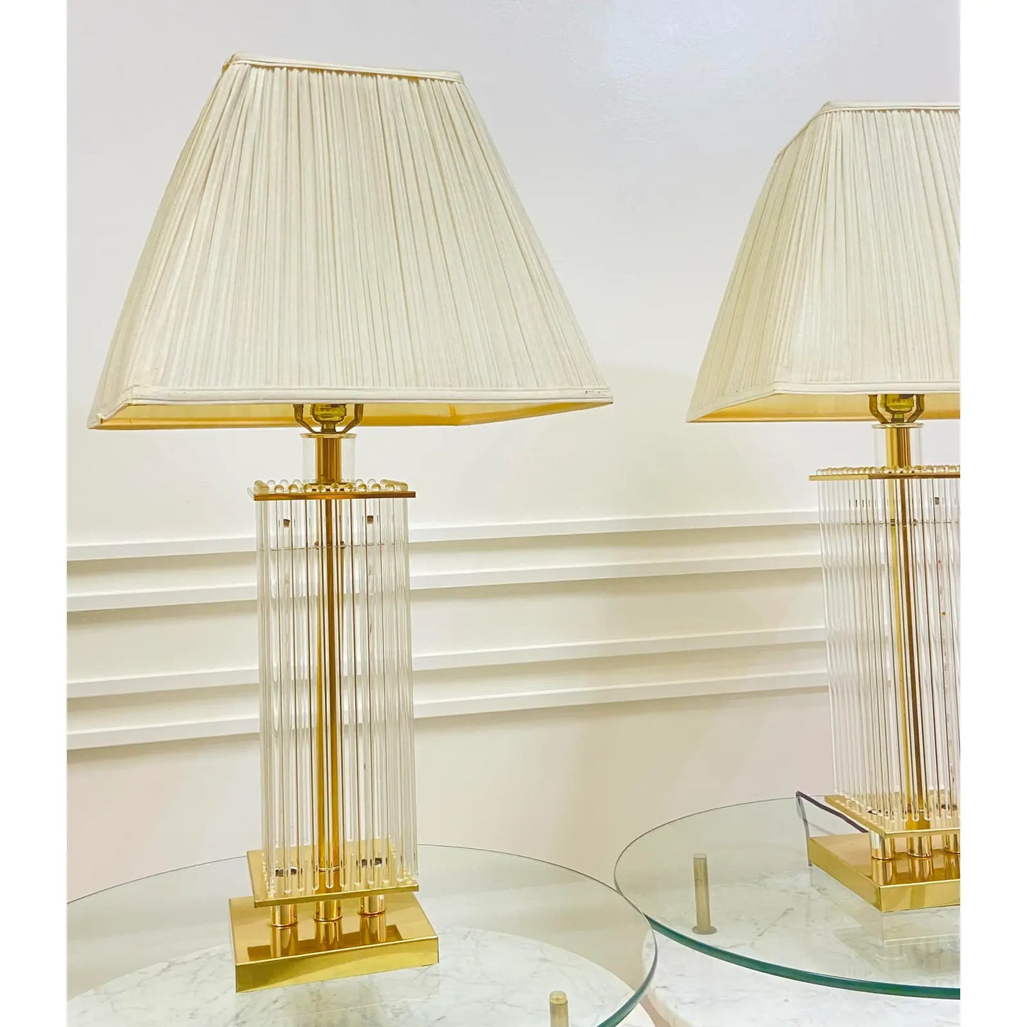 PAIR OF GLASS ROD & BRASS TABLE LAMPS BY LIGHT LINE