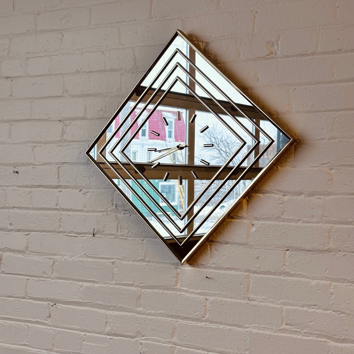 BRASS AND MIRROR DIAMOND WALL CLOCK