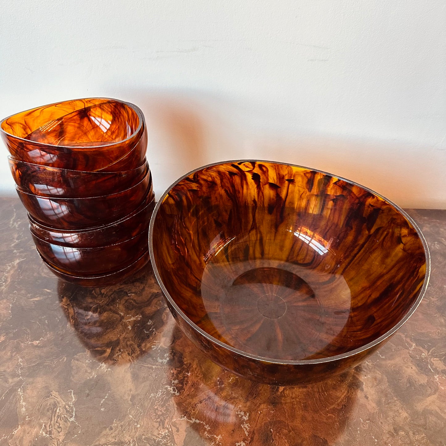 ACRYLIC LUCITE TORTOISE SHELL SALAD BOWL SET