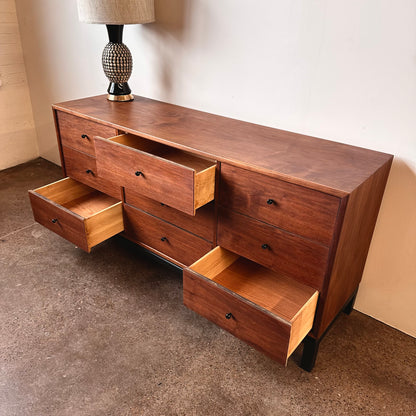 WALNUT 9 DRAWER DRESSER WITH BLACK BASE