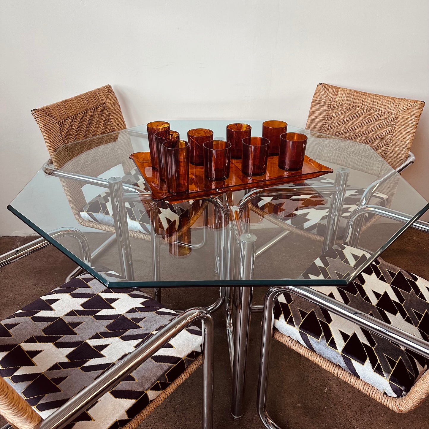 STOTTER MID CENTURY TORTOISE SHELL ACRYLIC TUMBLERS AND TRAY