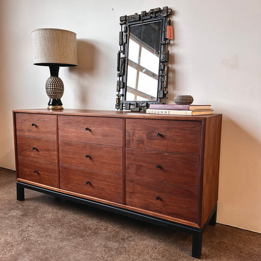 WALNUT 9 DRAWER DRESSER WITH BLACK BASE