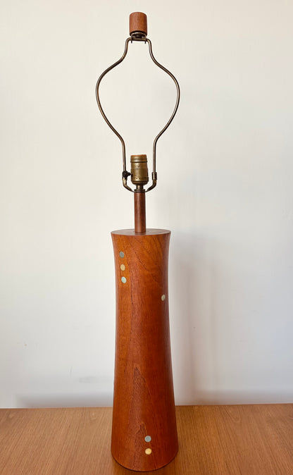 RARE TURNED TEAK AND CERAMIC MARTZ DOTS LAMP WITH SHADE