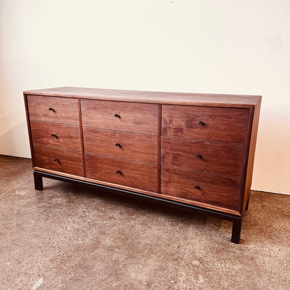 WALNUT 9 DRAWER DRESSER WITH BLACK BASE