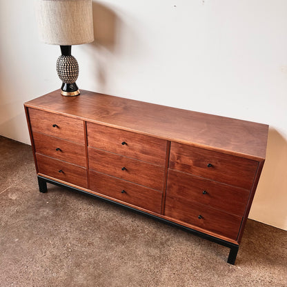 WALNUT 9 DRAWER DRESSER WITH BLACK BASE