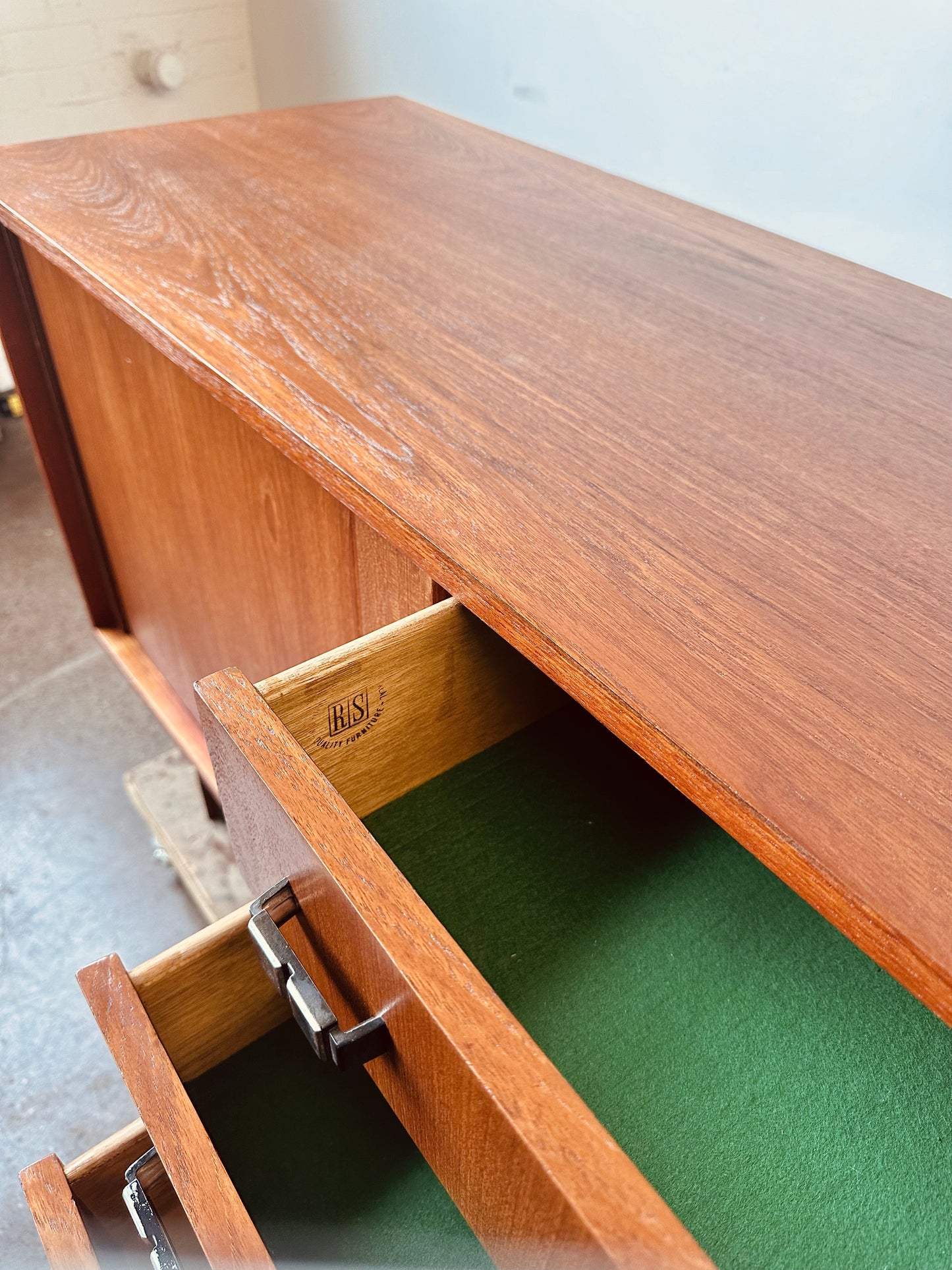 RS ASSOCIATES TEAK DOUBLE TAMBOUR DOOR CREDENZA