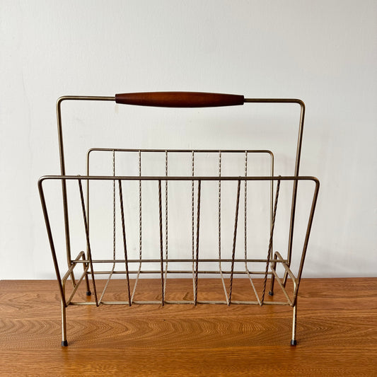 BRASS WIRE MAGAZINE RACK WITH TEAK HANDLE