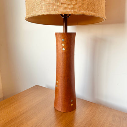 RARE TURNED TEAK AND CERAMIC MARTZ DOTS LAMP WITH SHADE
