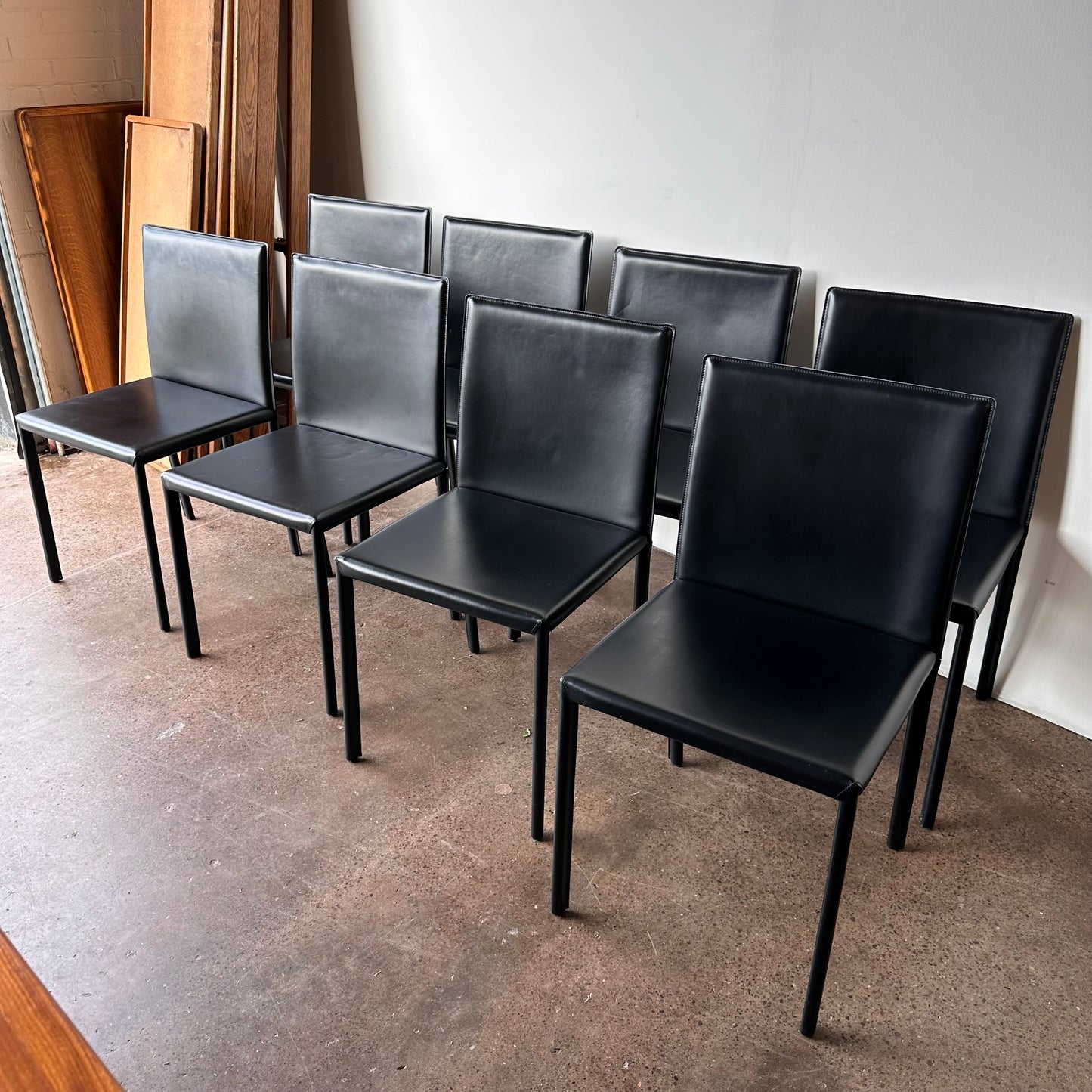 CALLIGARIS BLACK ITALIAN LEATHER DINING CHAIRS - S/8