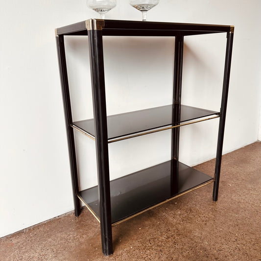 BLACK AND BRASS METAL SHELVE WITH SMOKE GLASS