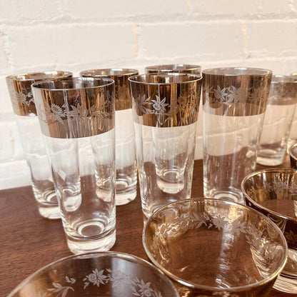 DOROTHY THORPE THISTLE PATTERN SILVER RIM GLASSWARE - SET OF 30