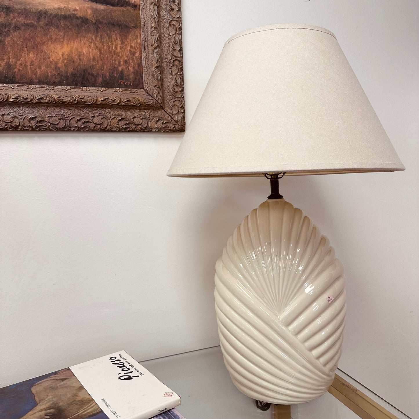 PAIR OF OFF WHITE RIBBED CERAMIC LAMPS