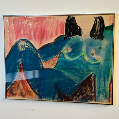 FRAMED ABSTRACT BLUE NUDE PASTEL ARTWORK