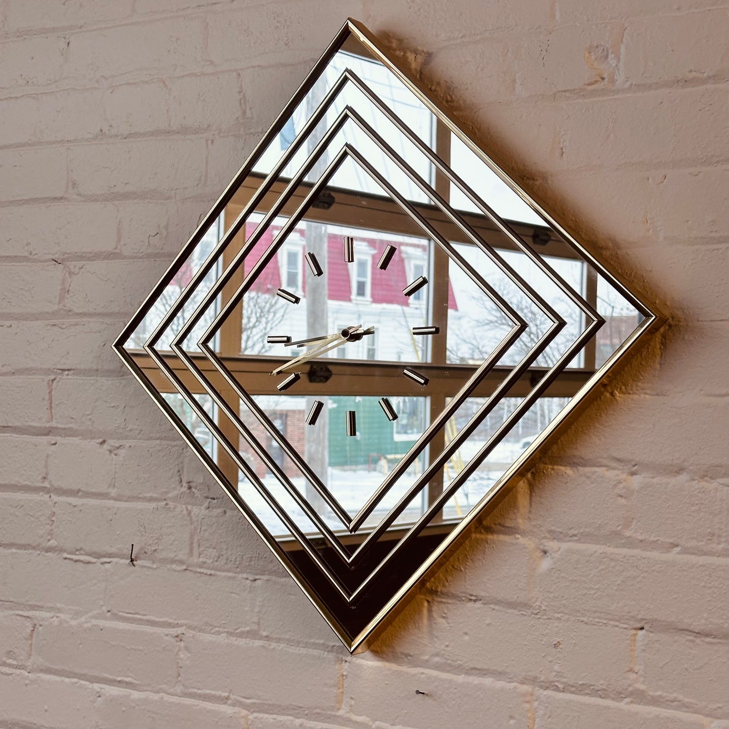 BRASS AND MIRROR DIAMOND WALL CLOCK