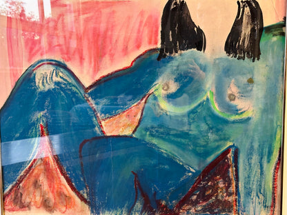 FRAMED ABSTRACT BLUE NUDE PASTEL ARTWORK