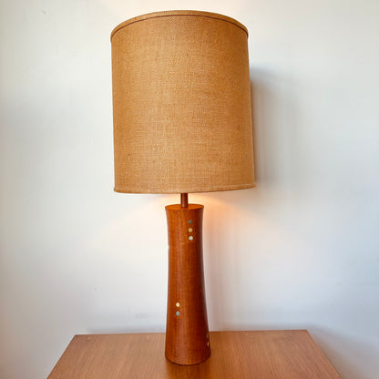 RARE TURNED TEAK AND CERAMIC MARTZ DOTS LAMP WITH SHADE