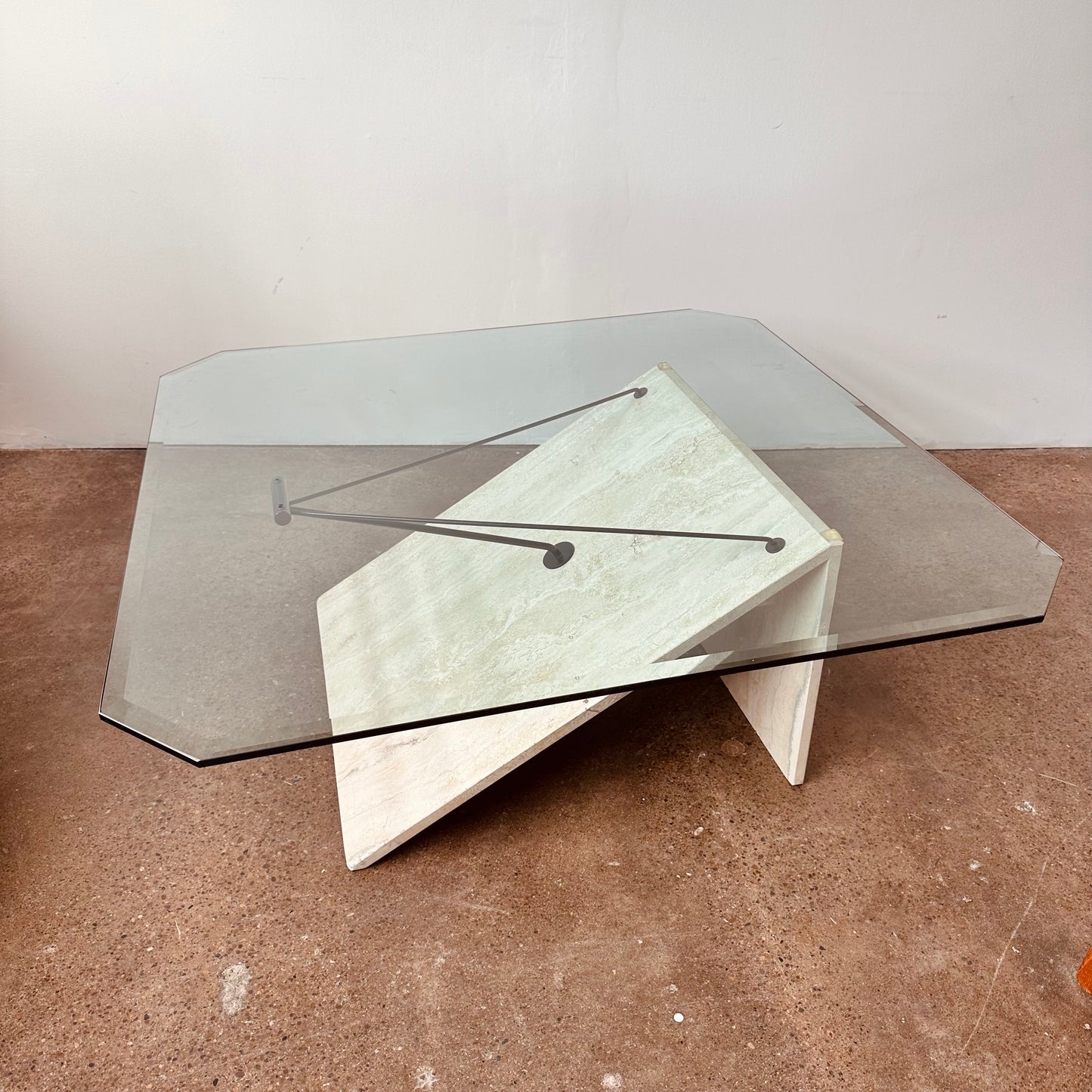 POST MODERN TRAVERTINE METAL AND GLASS COFFEE TABLE