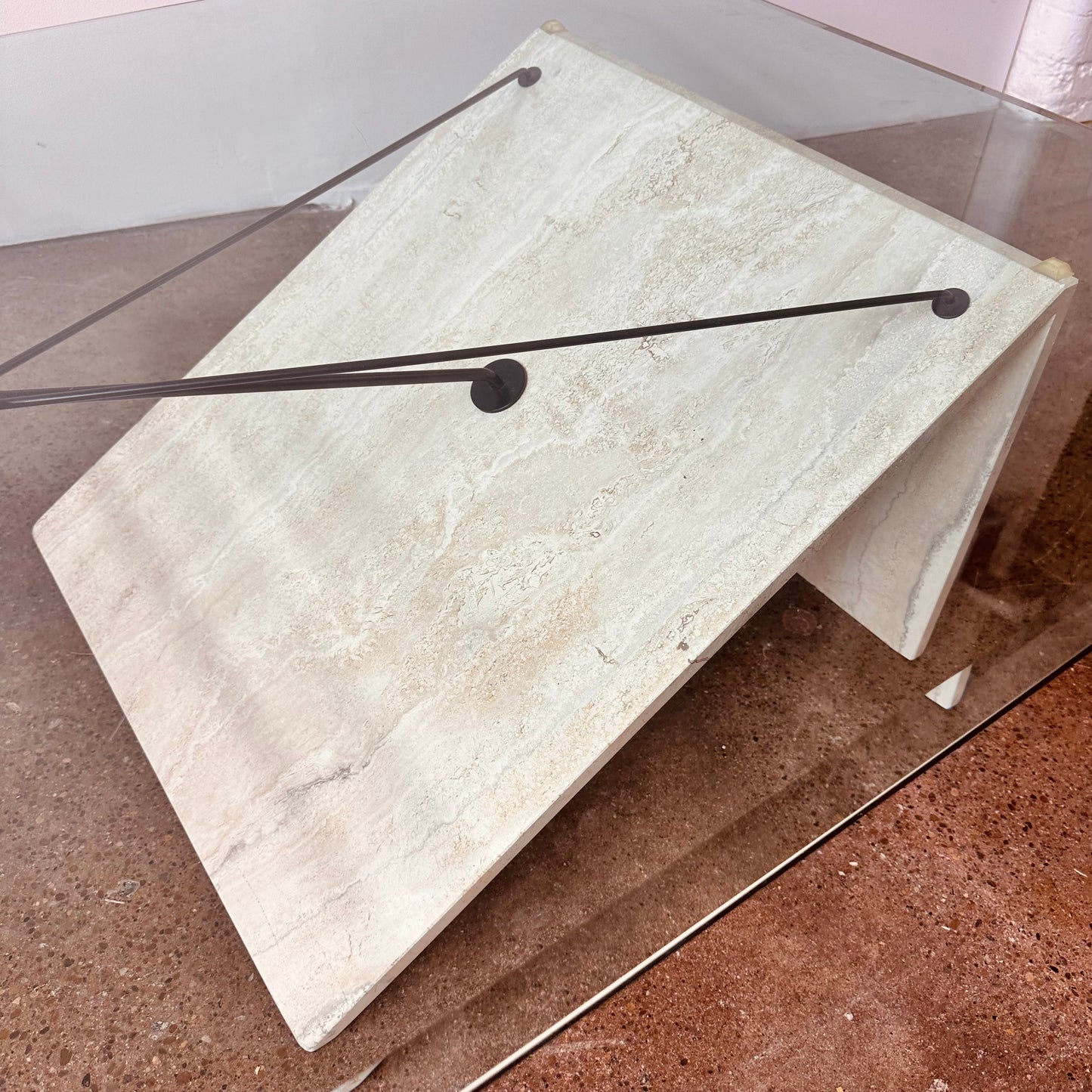 POST MODERN TRAVERTINE METAL AND GLASS COFFEE TABLE