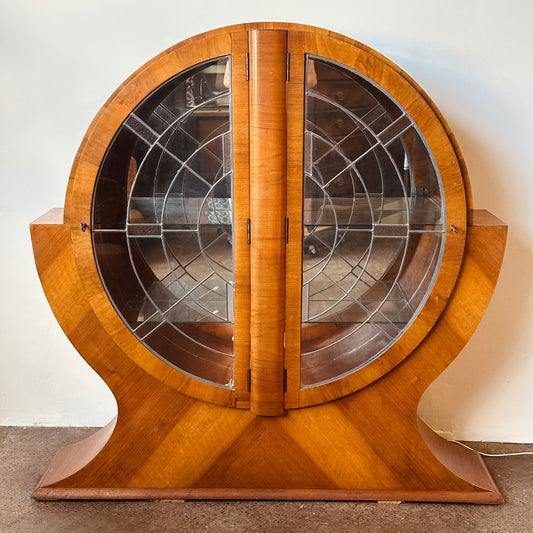 ART DECO CIRCULAR LEADED GLASS SUPERLATIVE CABINET C. 1930S