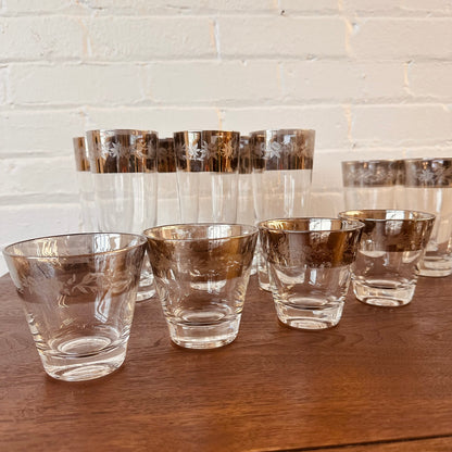 DOROTHY THORPE THISTLE PATTERN SILVER RIM GLASSWARE - SET OF 30