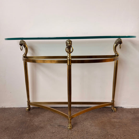 BRASS LABARGE DEMILUNE LION’S HEAD TABLE WITH GLASS