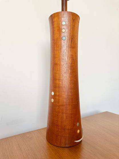 RARE TURNED TEAK AND CERAMIC MARTZ DOTS LAMP WITH SHADE