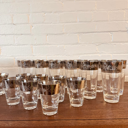 DOROTHY THORPE THISTLE PATTERN SILVER RIM GLASSWARE - SET OF 30
