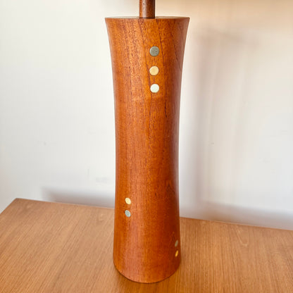 RARE TURNED TEAK AND CERAMIC MARTZ DOTS LAMP WITH SHADE