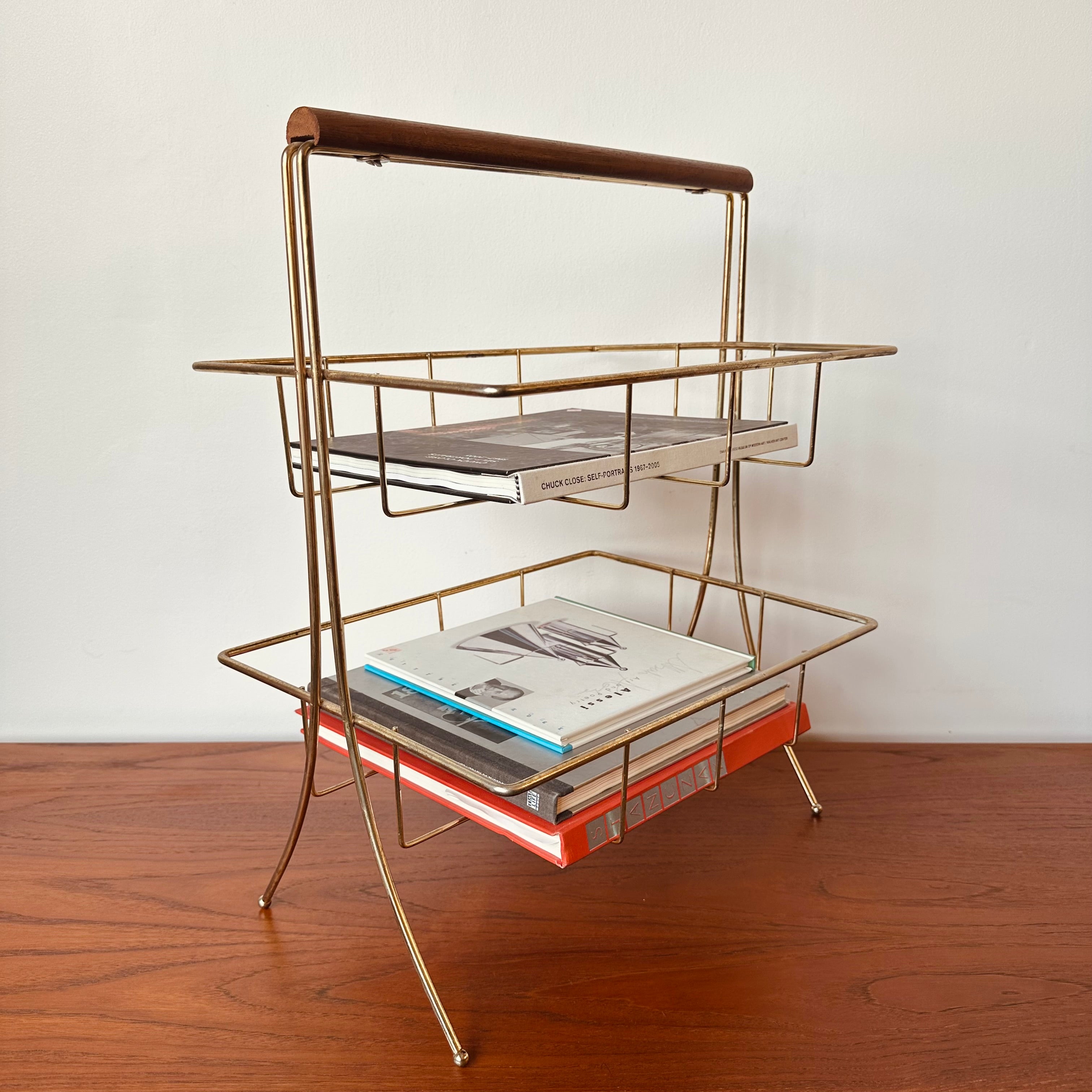 TWO TIER BRASS AND TEAK MAGAZINE RACK – MiMO Decor