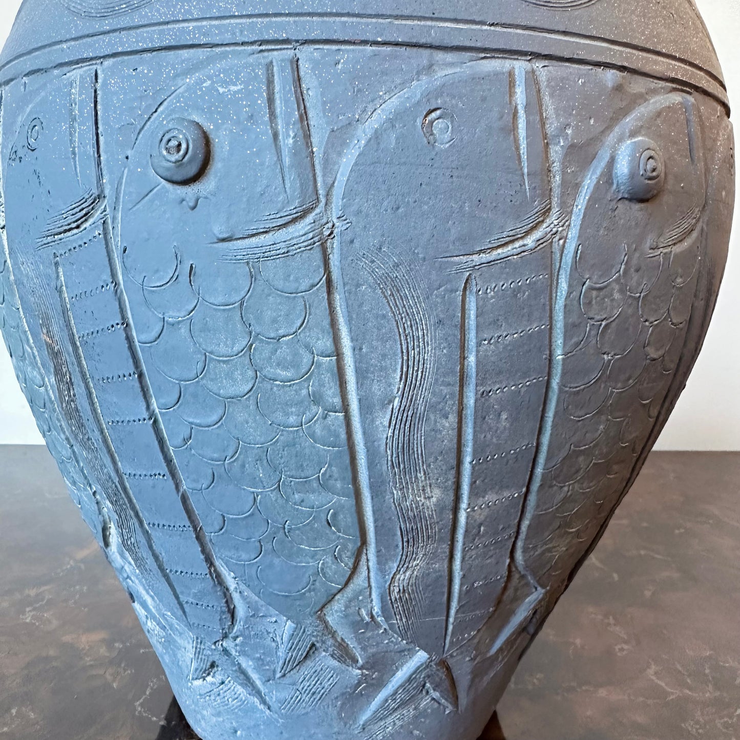 LARGE HANDTHROWN CARVED TERRACOTTA PESCE VASE