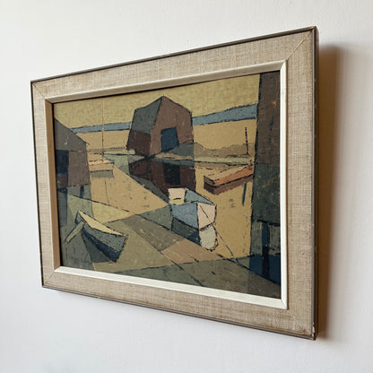 ABSTRACT EXPRESSIONIST HARBOR SCENE FRAMED ARTWORK