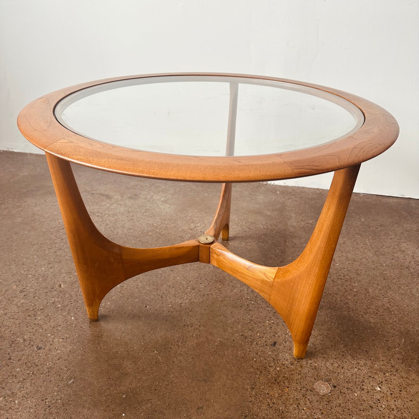 LANE CHESTNUT AND GLASS TOP TRIPOD SIDE TABLE