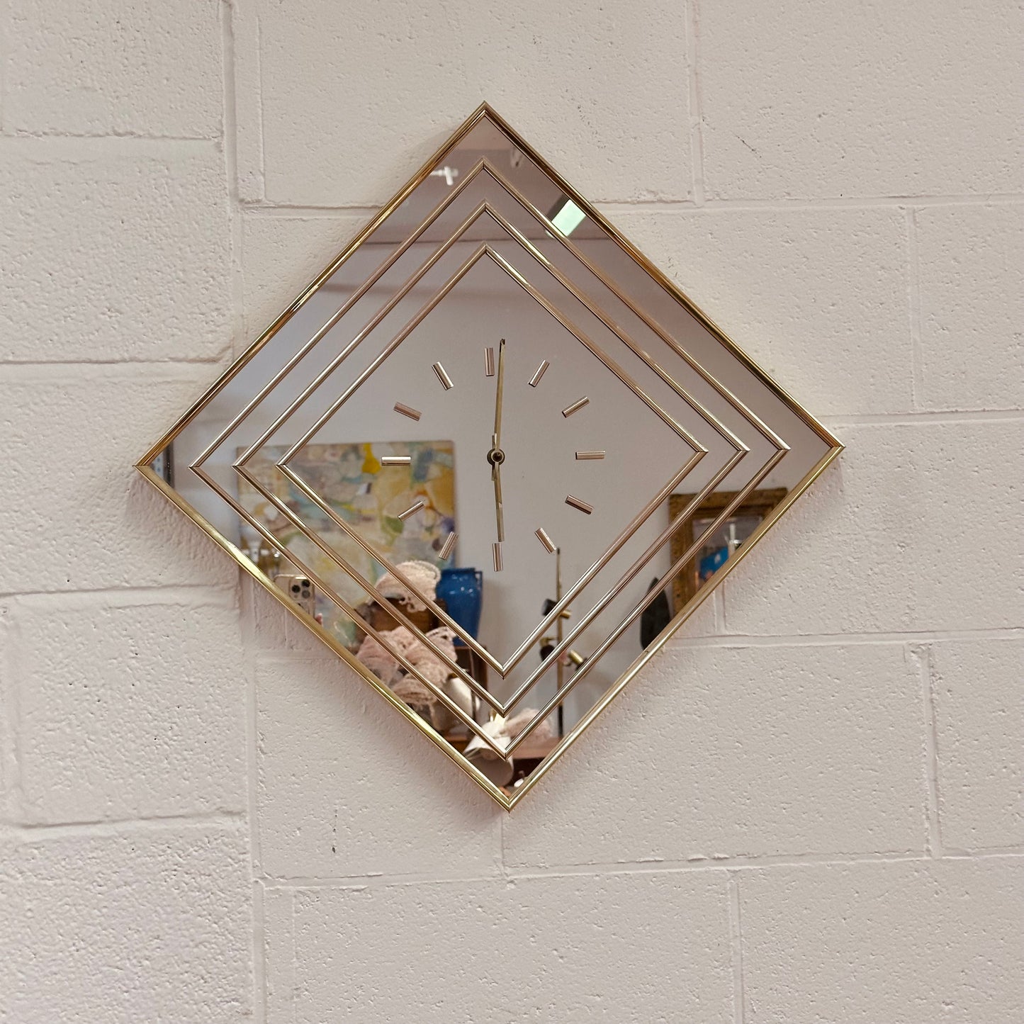 BRASS AND MIRROR DIAMOND WALL CLOCK