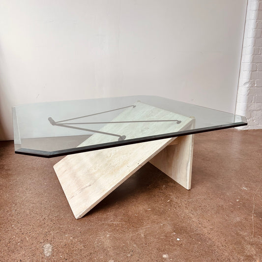 POST MODERN TRAVERTINE METAL AND GLASS COFFEE TABLE