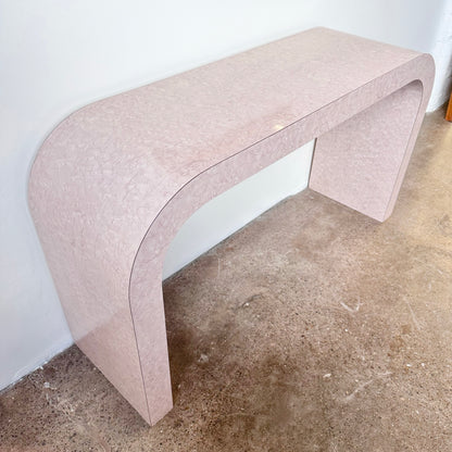 MAUVE FAUX BOIS BURLWOOD LAMINATE WATERFALL CONSOLE TABLE