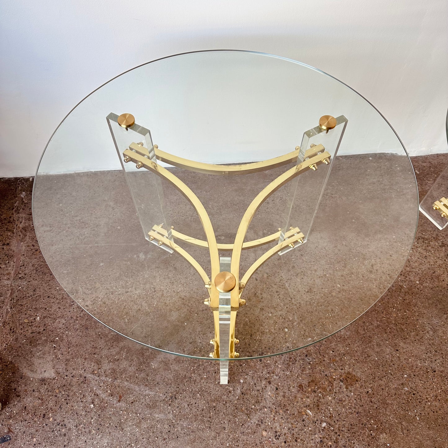INTERLUDE GLASS, LUCITE, AND BRASS ACCENT TABLES