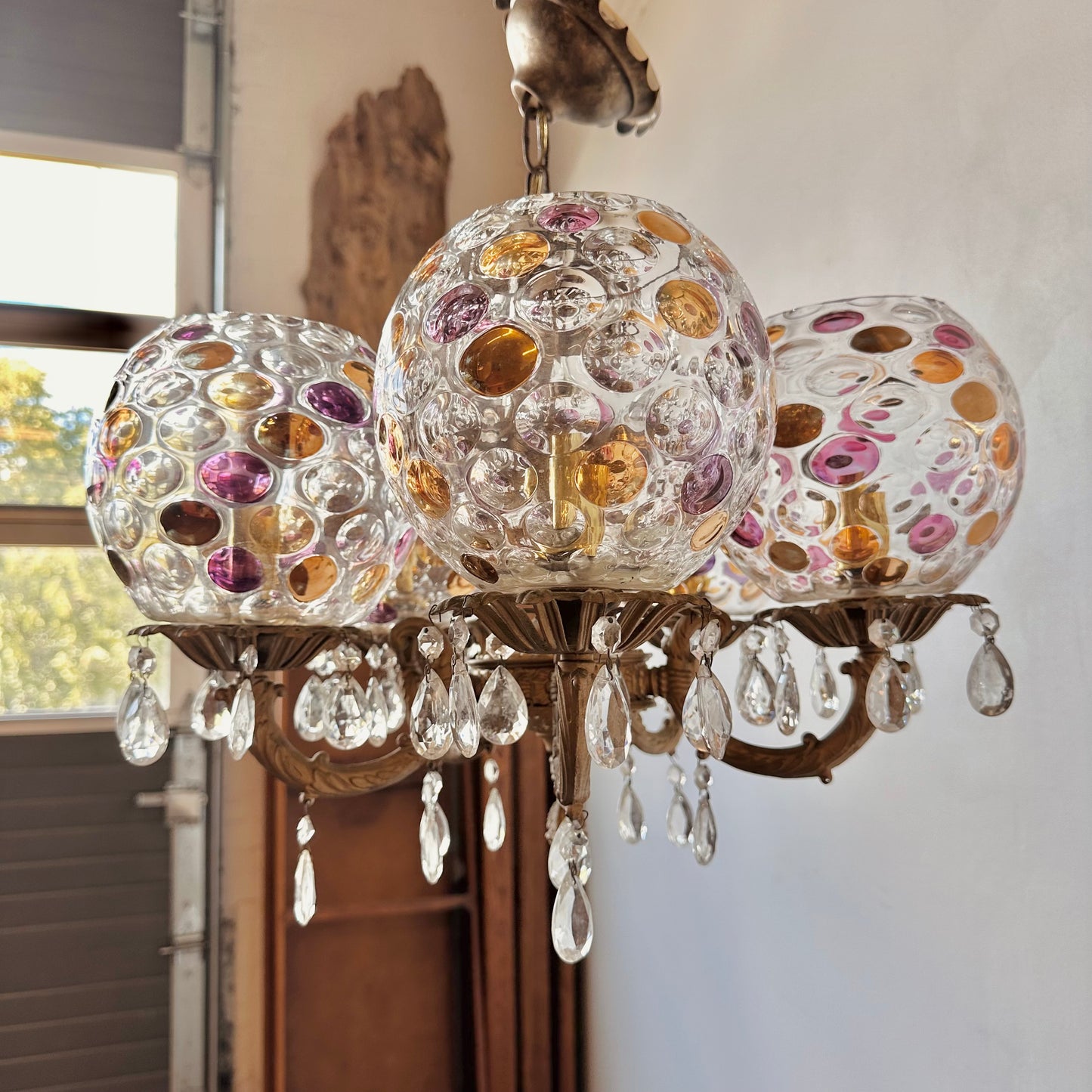 ANTIQUE CZECH BOHEMIA CRYSTAL GLASS COIN DOT 5 GLOBE BRASS CHANDELIER