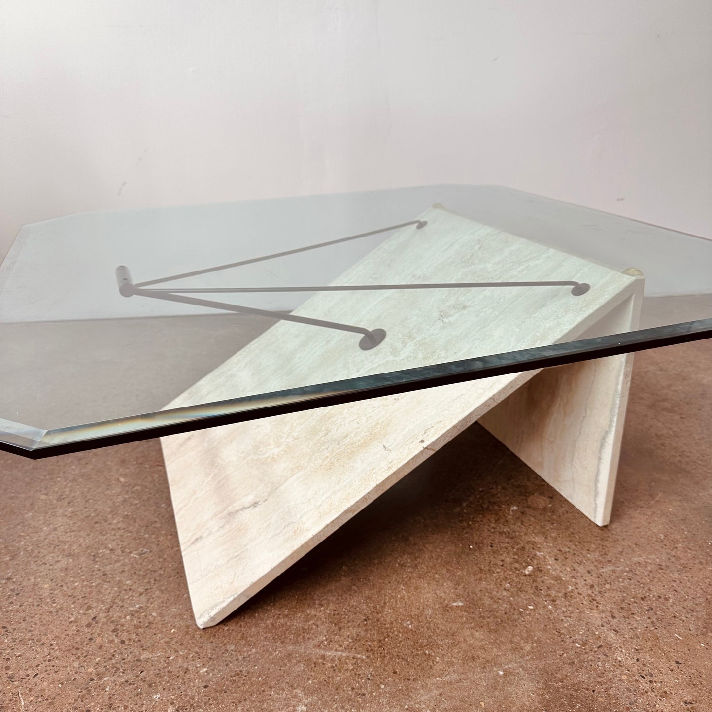 POST MODERN TRAVERTINE METAL AND GLASS COFFEE TABLE