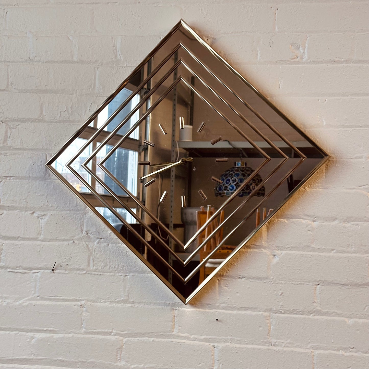 BRASS AND MIRROR DIAMOND WALL CLOCK