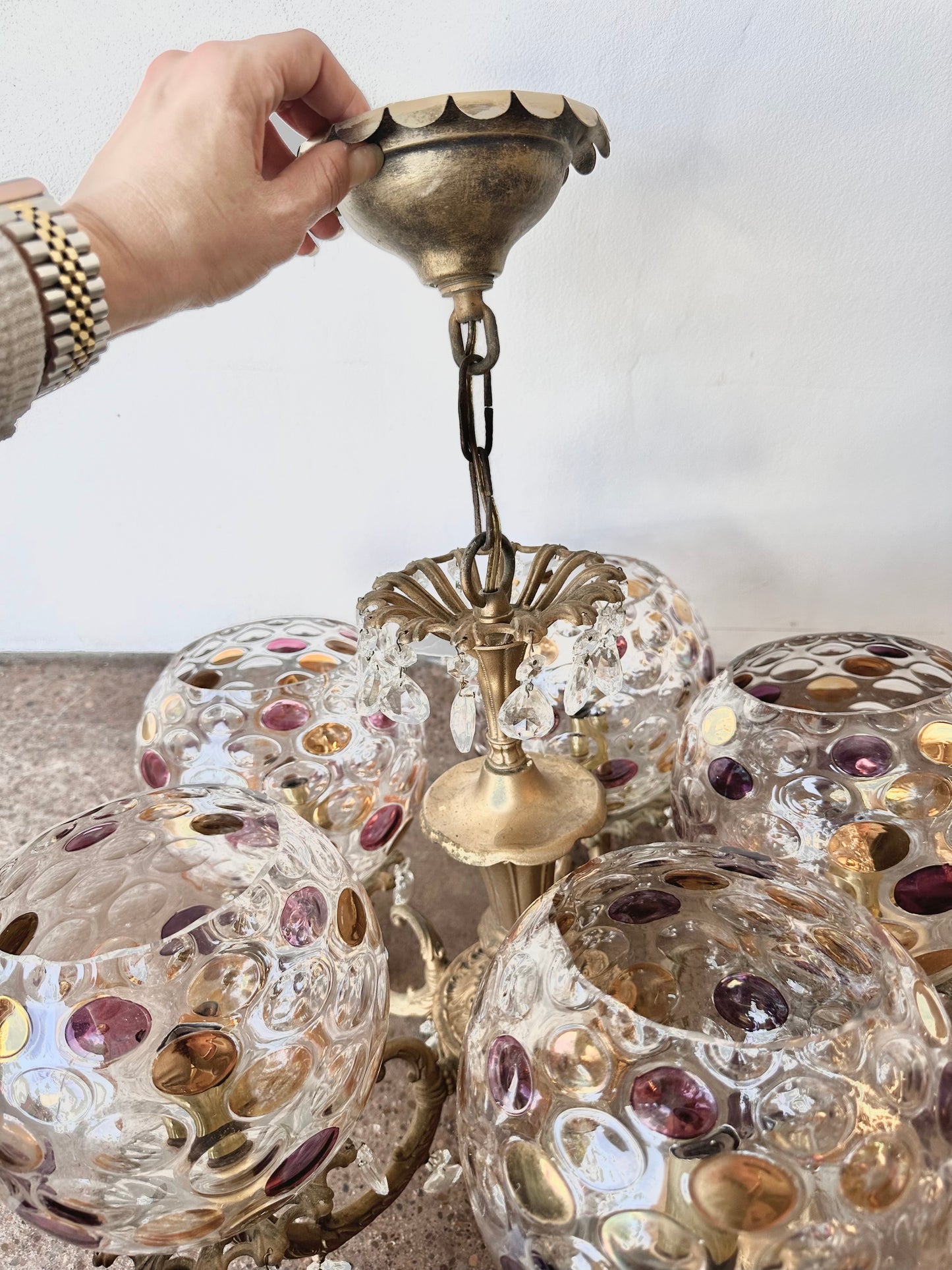 ANTIQUE CZECH BOHEMIA CRYSTAL GLASS COIN DOT 5 GLOBE BRASS CHANDELIER