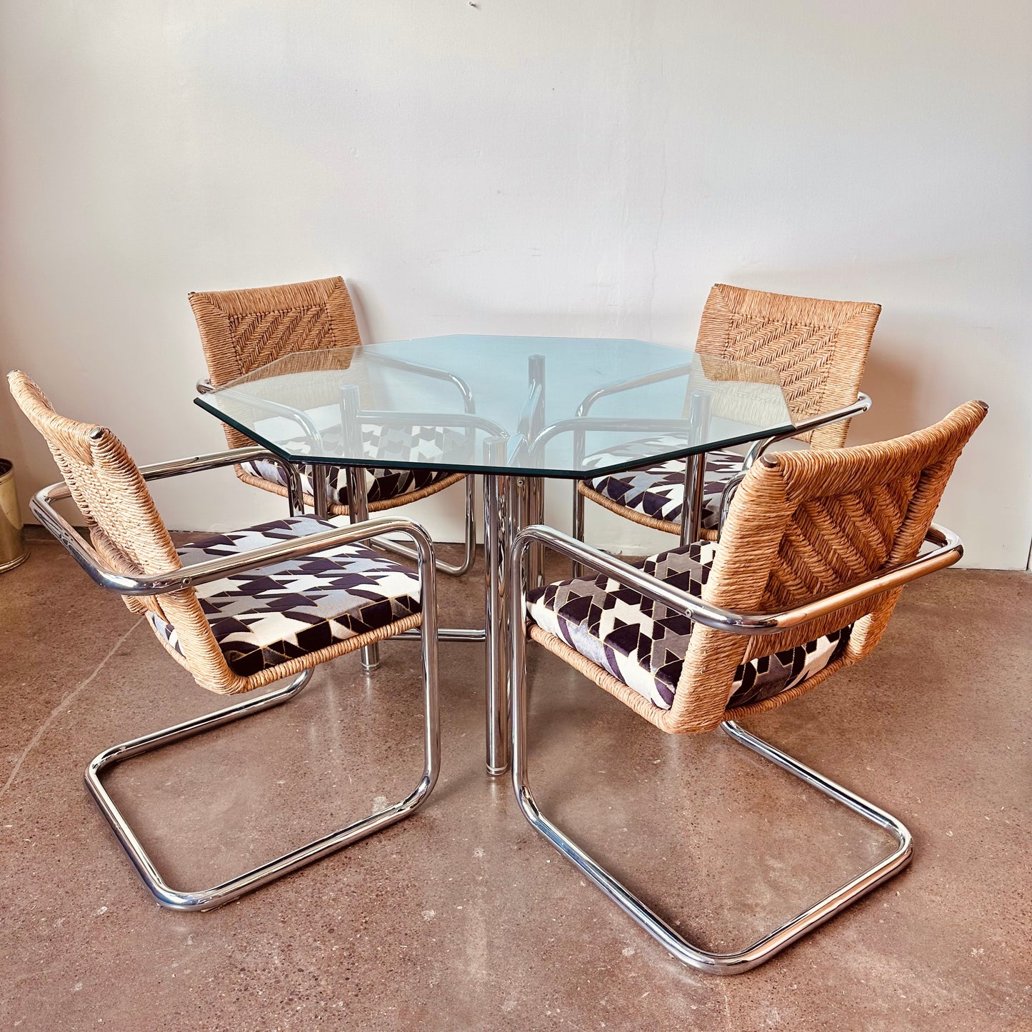 CHROMECRAFT RATTAN CHROME AND GLASS DINETTE SET