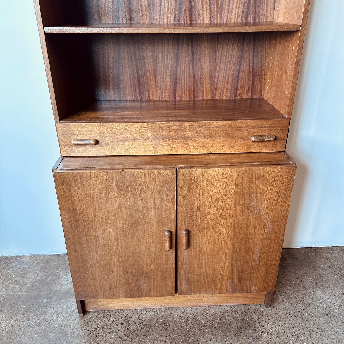 WALNUT TWO PIECE BOOKSHELF WITH DRAWER
