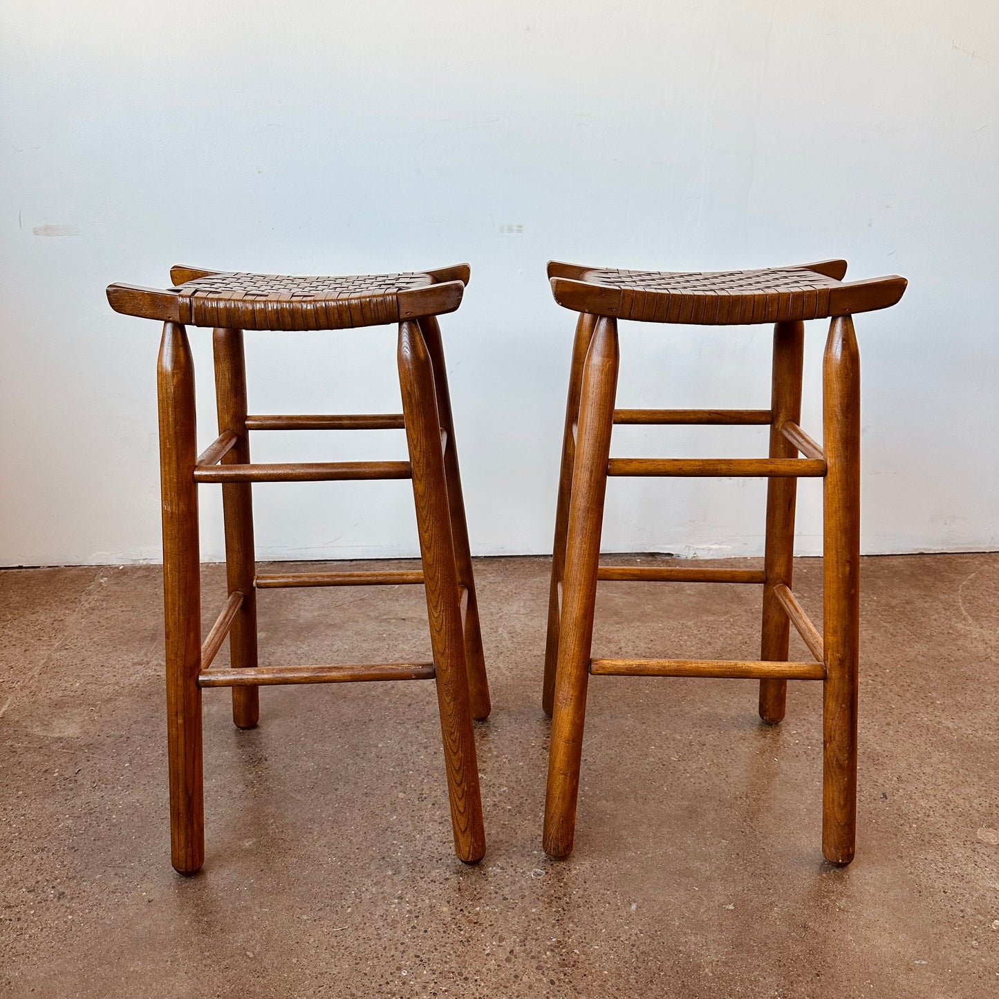 BACKLESS WOOD AND WOVEN RATTAN COUNTER STOOLS - A PAIR